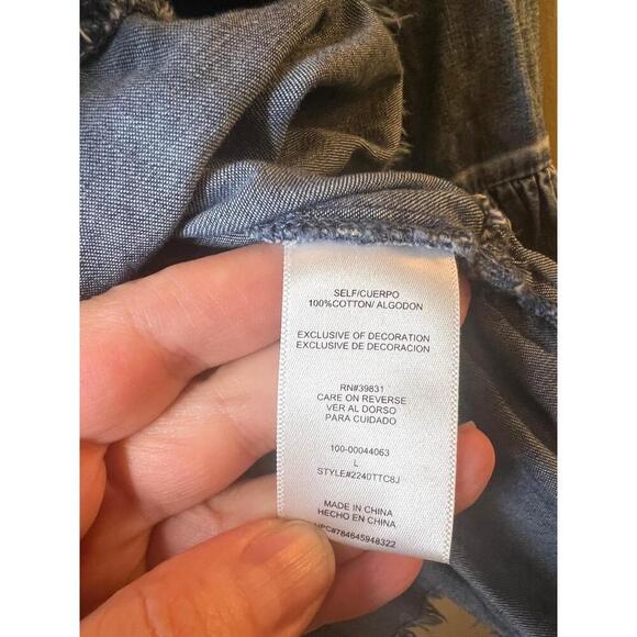 Denim Cotton Blouse Women Size L Embroidered Off Shoulder Ruffle Embroidered Y2K - Picture 2 of 9